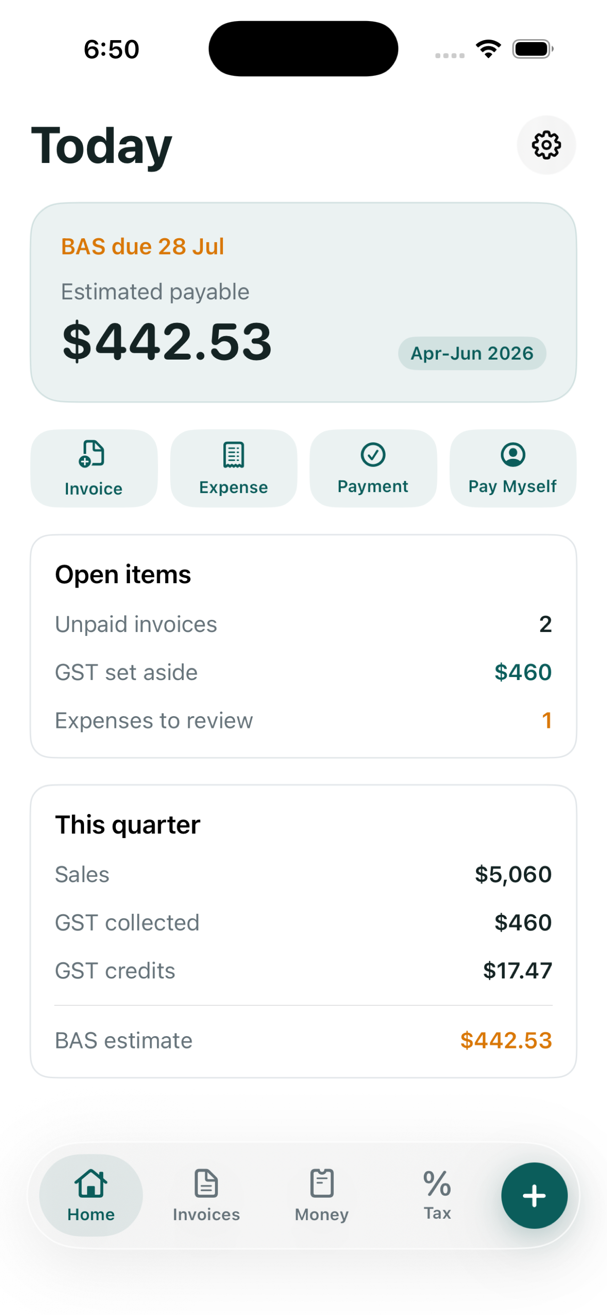 InvBAS home screen showing BAS due, open invoices, GST set aside, and quarterly summary.