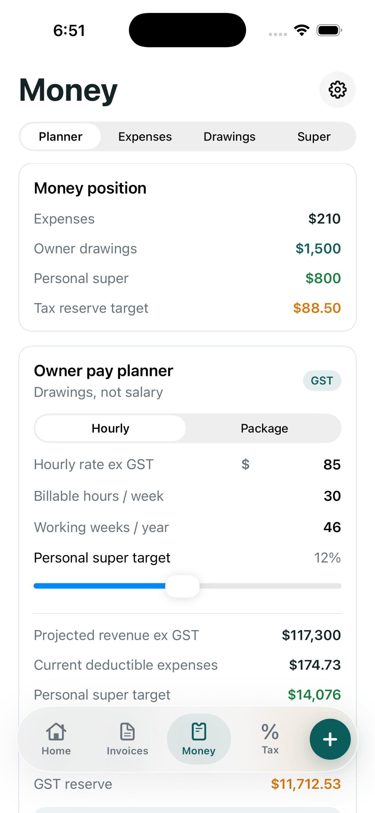 InvBAS Money screen showing owner pay planner, expenses, drawings, super and GST reserve.