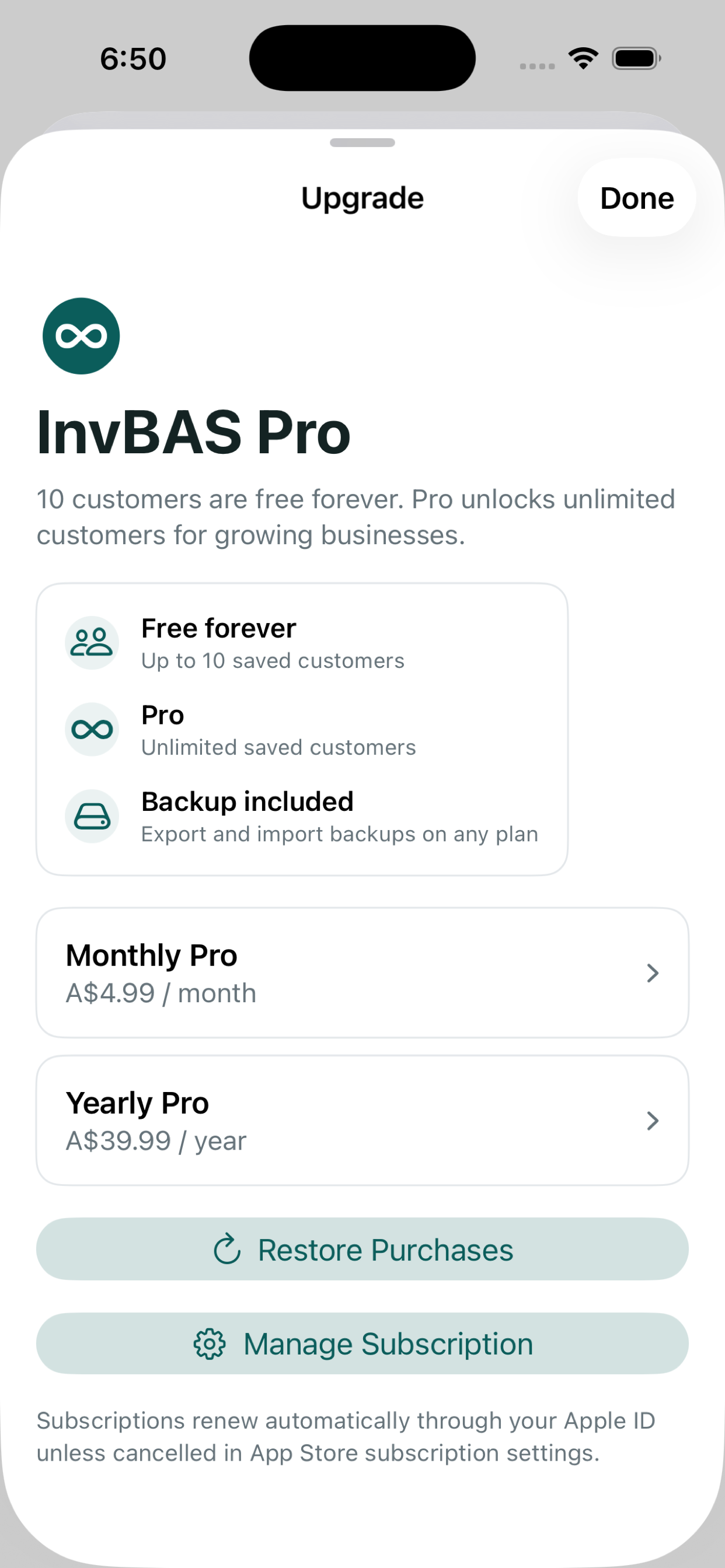InvBAS Pro screen showing monthly and yearly subscription options.