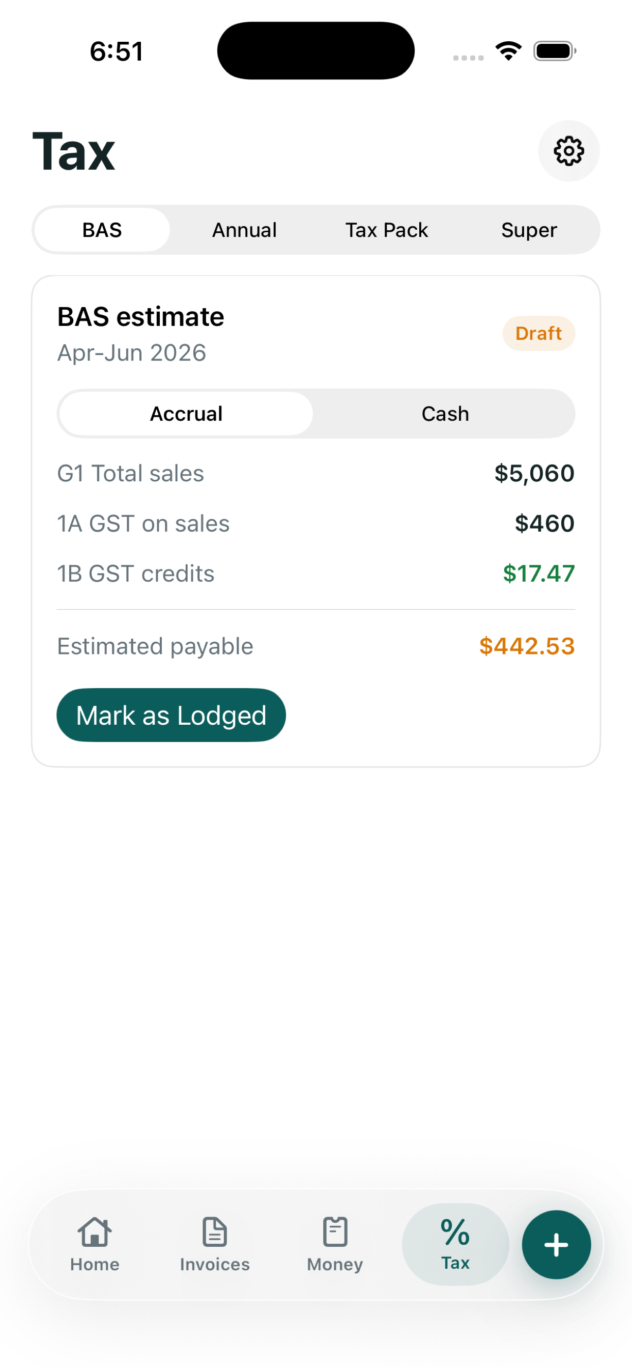InvBAS Tax screen showing GST method, BAS estimate, annual snapshot, and readiness checks.